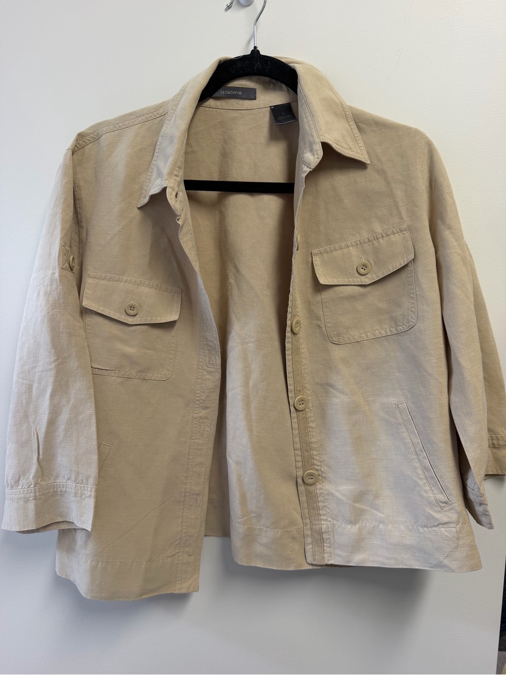 Liz Claiborne Women’s Beige Silk Button-Front Jacket Pockets 3/4 Sleeve M